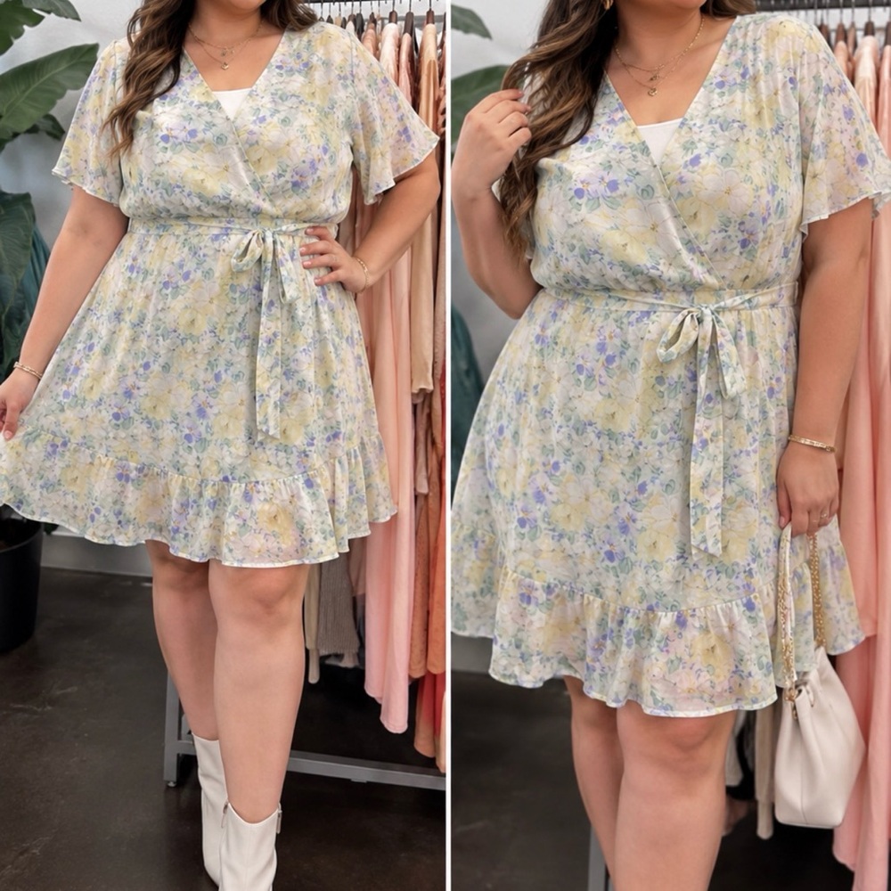 Pastel Yellow Floral Wrap Mini Dress with Tie Waist
